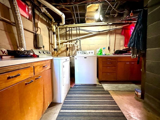 2716 Canterbury Dr, Bigelow, MN 56117 - laundry area with separate washer and dryer, concrete block wall, and cabinet space