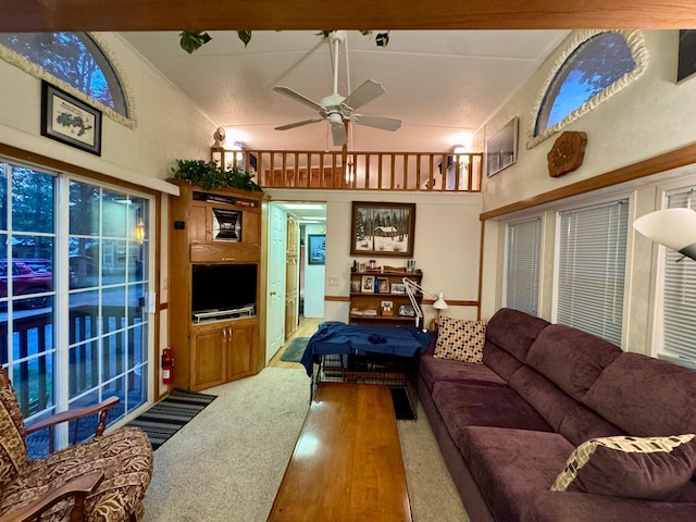15827 Wilderness Trl Unit 127, Crosslake, MN 56442 - living area with ceiling fan, wood finished floors, carpet floors, and a towering ceiling