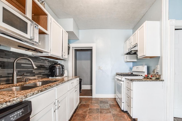 400 Blair Ave, Saint Paul, MN 55103 - kitchen featuring white appliances, under cabinet range hood, open shelves, tasteful backsplash, and dark stone counters
