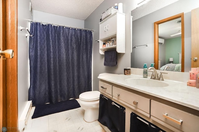 1426 11th St W, West Fargo, ND 58078 - ensuite bathroom with a textured ceiling, vanity, a wall mounted AC, curtained shower, and a baseboard radiator
