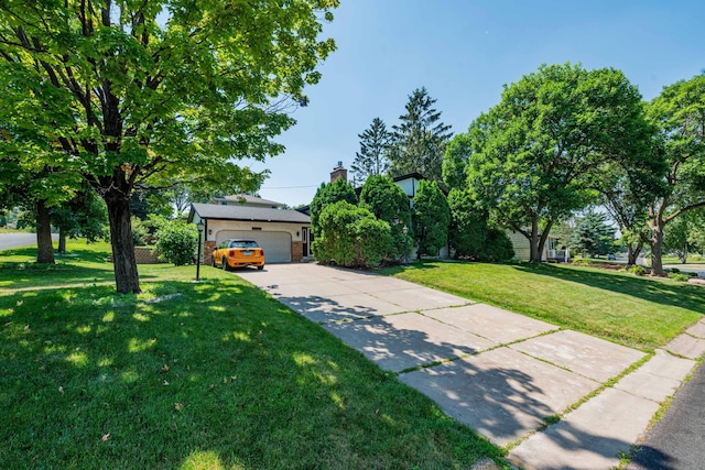 1290 Polk Pl, Columbia Heights, MN 55421 - view of property hidden behind natural elements featuring a front lawn, a garage, a chimney, and driveway