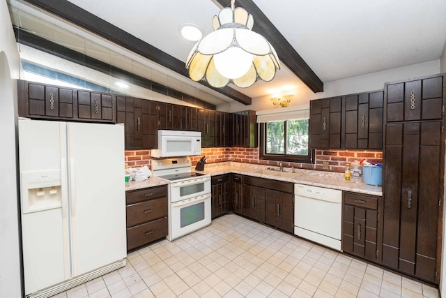 1290 Polk Pl, Columbia Heights, MN 55421 - kitchen with white appliances, tasteful backsplash, dark brown cabinets, beamed ceiling, and light tile patterned floors