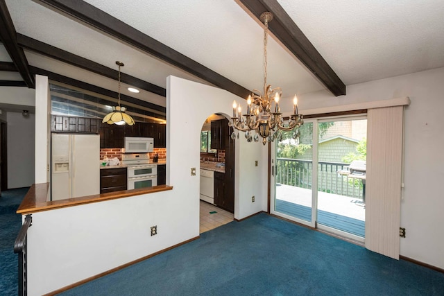 1290 Polk Pl, Columbia Heights, MN 55421 - unfurnished dining area with a chandelier, beamed ceiling, arched walkways, carpet, and a textured ceiling