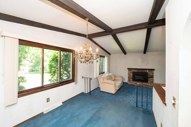 1290 Polk Pl, Columbia Heights, MN 55421 - unfurnished living room featuring carpet floors, a fireplace, and a chandelier