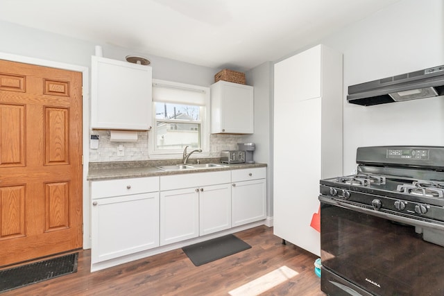 1034 Carroll Ave, Saint Paul, MN 55104 - kitchen with black gas range oven, under cabinet range hood, decorative backsplash, white cabinets, and dark wood finished floors