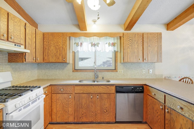 5733 Riverview Entry, Champlin, MN 55316 - kitchen featuring dishwasher, white range with gas stovetop, under cabinet range hood, beam ceiling, and backsplash