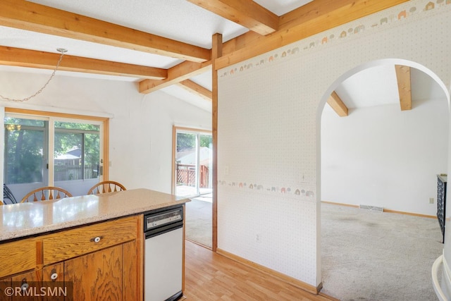 5733 Riverview Entry, Champlin, MN 55316 - kitchen featuring plenty of natural light, arched walkways, light stone counters, and brown cabinets