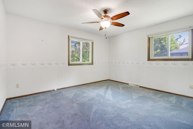 5733 Riverview Entry, Champlin, MN 55316 - empty room featuring carpet floors, a ceiling fan, a wainscoted wall, and a textured ceiling