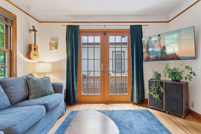 3607 Sheridan Ave N, Minneapolis, MN 55412 - doorway with french doors, wood finished floors, and ornamental molding