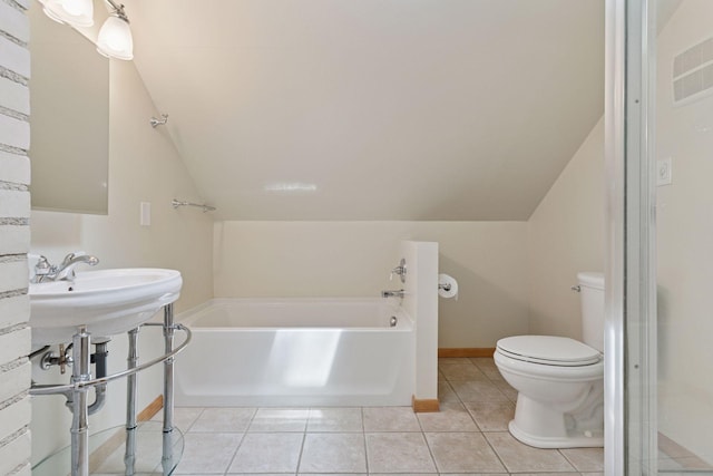 3607 Sheridan Ave N, Minneapolis, MN 55412 - bathroom featuring lofted ceiling, a tub to relax in, a shower, and tile patterned flooring