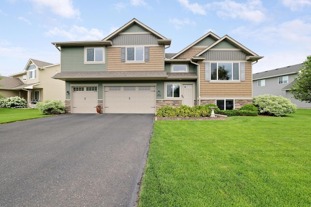 1035 Emerald St NE, Hanover, MN 55341 - craftsman house featuring a garage, a front yard, driveway, and stone siding