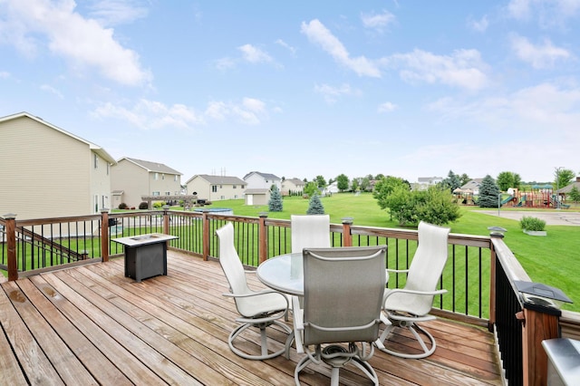 1035 Emerald St NE, Hanover, MN 55341 - wooden terrace featuring a residential view, a yard, a playground, and outdoor dining area