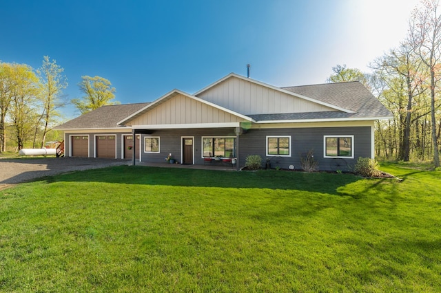 7170 29th Ave SW, Pequot Lakes, MN 56472 - view of front of house featuring an attached garage, covered porch, a front yard, driveway, and roof with shingles