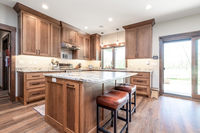7170 29th Ave SW, Pequot Lakes, MN 56472 - kitchen with under cabinet range hood, stainless steel range, light wood finished floors, a kitchen island, and a breakfast bar area