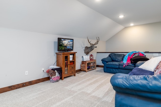 7170 29th Ave SW, Pequot Lakes, MN 56472 - living area with carpet flooring, vaulted ceiling, and recessed lighting