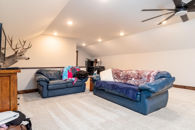 7170 29th Ave SW, Pequot Lakes, MN 56472 - carpeted living area with vaulted ceiling, recessed lighting, and ceiling fan