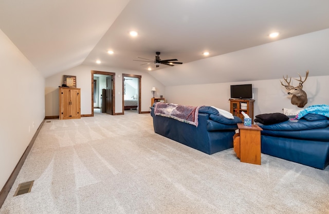 7170 29th Ave SW, Pequot Lakes, MN 56472 - living area featuring lofted ceiling, light carpet, recessed lighting, and ceiling fan