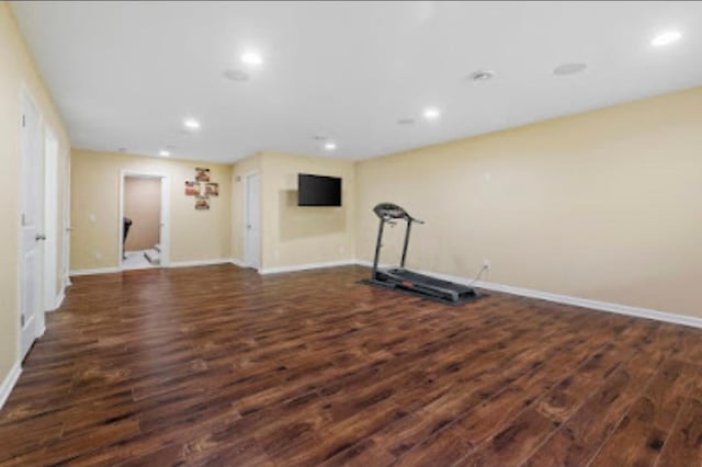 15850 Elmwood Ln, Apple Valley, MN 55124 - workout room with dark wood-type flooring and recessed lighting