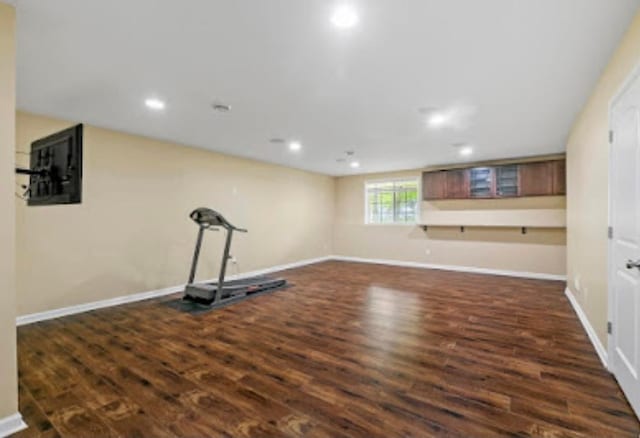 15850 Elmwood Ln, Apple Valley, MN 55124 - exercise room featuring dark wood-type flooring and recessed lighting