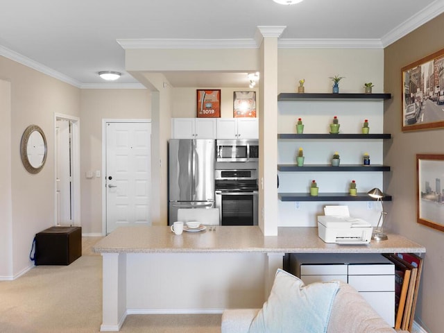 13580 Technology Dr Unit 3306, Eden Prairie, MN 55344 - kitchen with stainless steel appliances, crown molding, open shelves, white cabinetry, and a peninsula