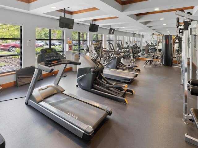 13580 Technology Dr Unit 3306, Eden Prairie, MN 55344 - exercise room featuring coffered ceiling, beamed ceiling, and recessed lighting
