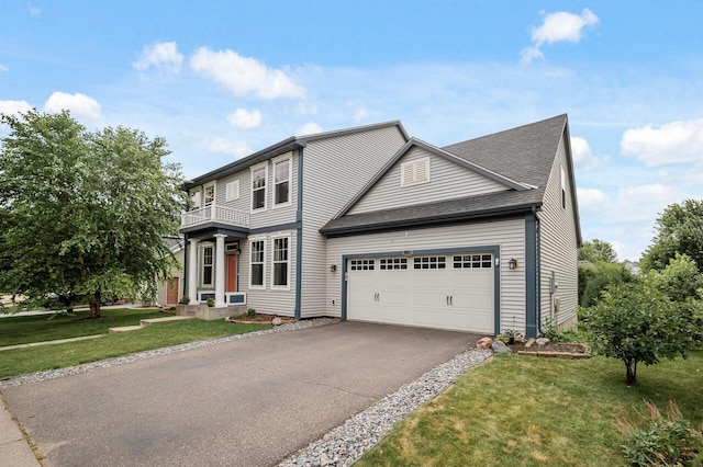 11259 69th St NE, Albertville, MN 55301 - view of front of home featuring a balcony, an attached garage, driveway, a front yard, and a shingled roof
