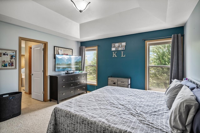 11259 69th St NE, Albertville, MN 55301 - bedroom featuring a raised ceiling, light colored carpet, light tile patterned flooring, and connected bathroom