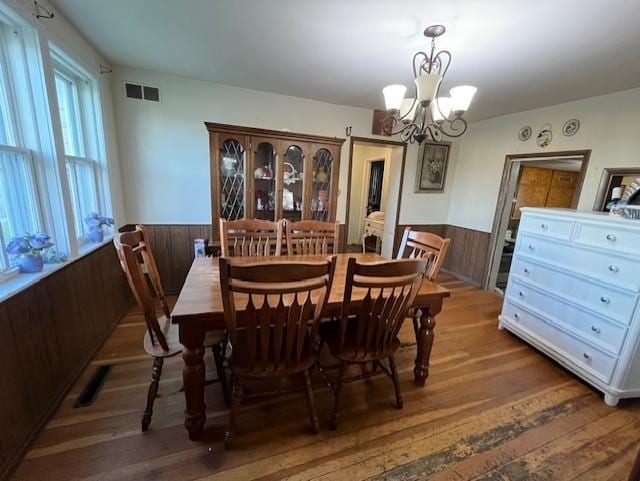 102 4th St S, Grove City, MN 56243 - dining space featuring a wainscoted wall, a chandelier, hardwood / wood-style floors, and wooden walls