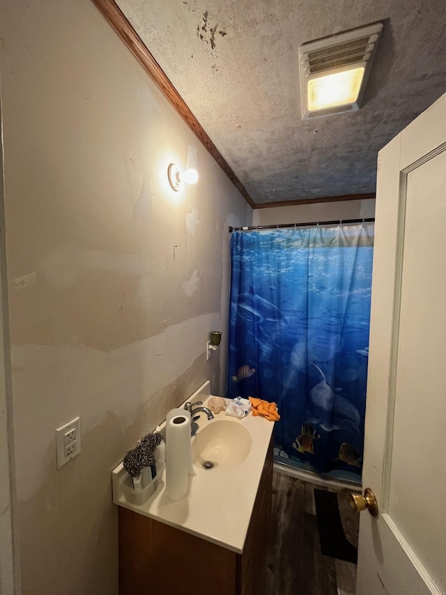 102 4th St S, Grove City, MN 56243 - full bath with a shower with curtain, vanity, wood finished floors, and a textured ceiling