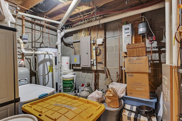 43054 105th Ave, Brockway Twp, MN 56367 - unfinished below grade area featuring electric panel, electric water heater, and a water pressure tank