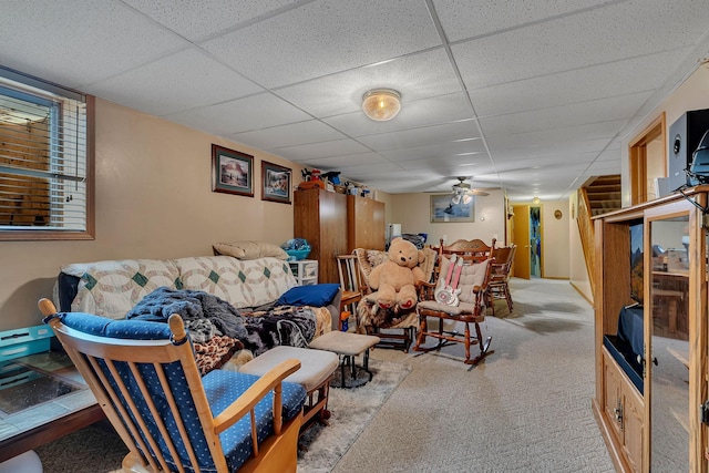 43054 105th Ave, Brockway Twp, MN 56367 - living room featuring a drop ceiling, carpet floors, and a ceiling fan