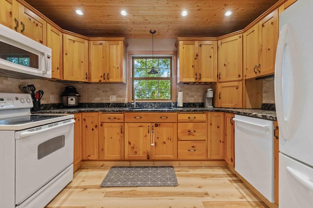 12639 65th Ave SW, May Twp, MN 56466 - kitchen featuring white appliances, wooden ceiling, recessed lighting, light wood-style flooring, and decorative backsplash