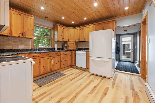 12639 65th Ave SW, May Twp, MN 56466 - kitchen featuring white appliances, light wood-type flooring, baseboard heating, recessed lighting, and wood ceiling