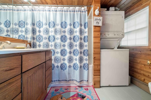 12639 65th Ave SW, May Twp, MN 56466 - full bathroom featuring stacked washer / dryer, vanity, wood ceiling, tile patterned flooring, and shower / tub combo with curtain