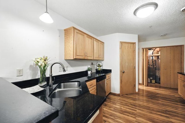 5460 100th Ln N, Brooklyn Park, MN 55443 - kitchen with stainless steel dishwasher, dark wood-style floors, a textured ceiling, water heater, and decorative light fixtures