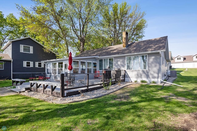 44042 Outlet Beach Rd, Lida Twp, MN 56572 - rear view of property featuring a chimney, a wooden deck, a sunroom, and a yard