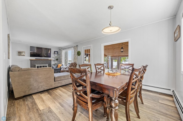 44042 Outlet Beach Rd, Lida Twp, MN 56572 - dining area with light wood finished floors, baseboard heating, crown molding, and a fireplace