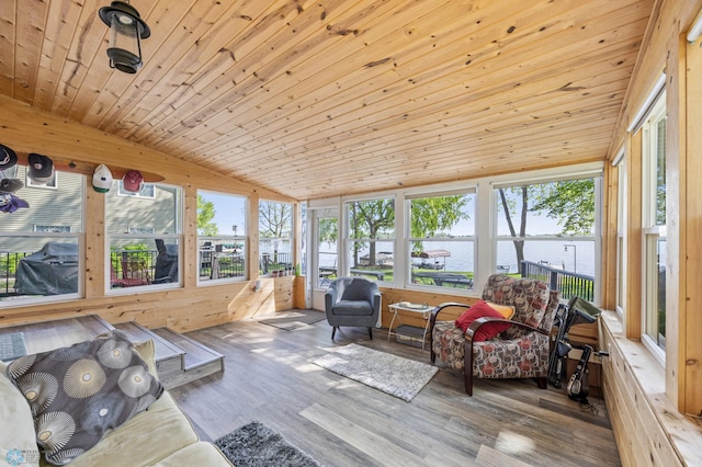44042 Outlet Beach Rd, Lida Twp, MN 56572 - sunroom with vaulted ceiling, a water view, wooden ceiling, wood finished floors, and wooden walls