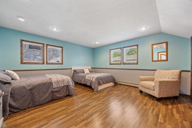 44042 Outlet Beach Rd, Lida Twp, MN 56572 - bedroom with wood finished floors, a textured ceiling, a baseboard radiator, lofted ceiling, and recessed lighting
