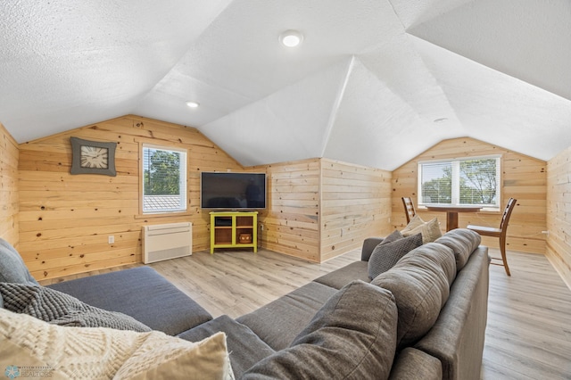 44042 Outlet Beach Rd, Lida Twp, MN 56572 - living area with wood walls, wood finished floors, vaulted ceiling, a textured ceiling, and radiator