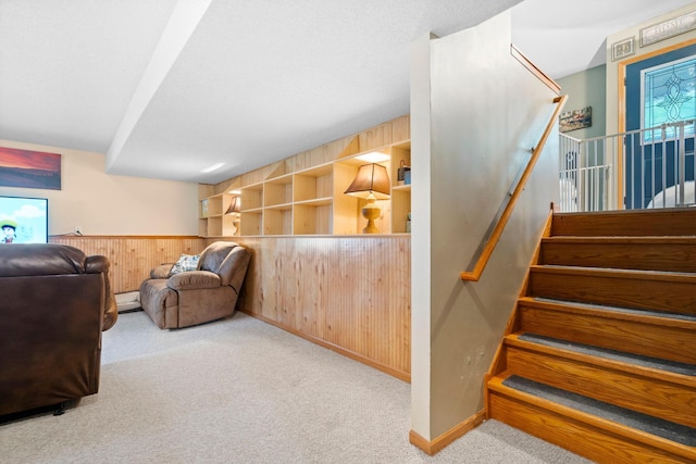 10919 Eagle St NW, Coon Rapids, MN 55433 - carpeted living area with wooden walls, stairway, and wainscoting