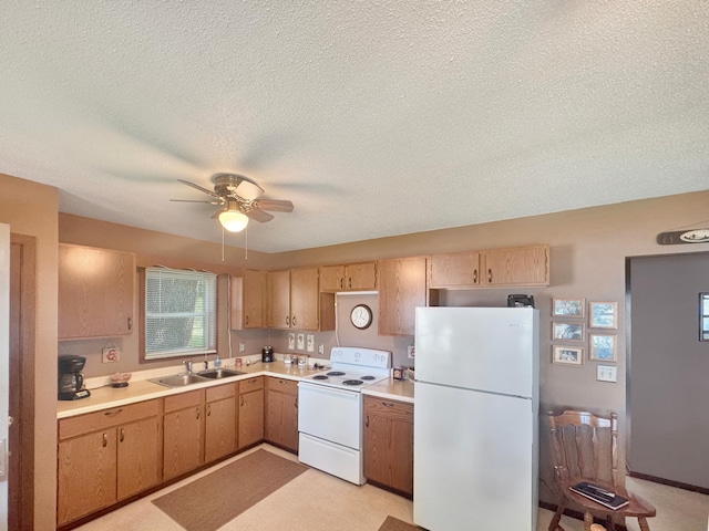 50 Shady Rest Rd, Lake Sarah Twp, MN 56132 - kitchen with white appliances, a textured ceiling, light countertops, a ceiling fan, and light brown cabinets