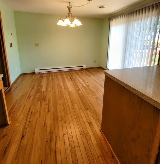 619 3rd St NW, Forest Lake, MN 55025 - unfurnished dining area with a baseboard radiator, a chandelier, and light wood finished floors