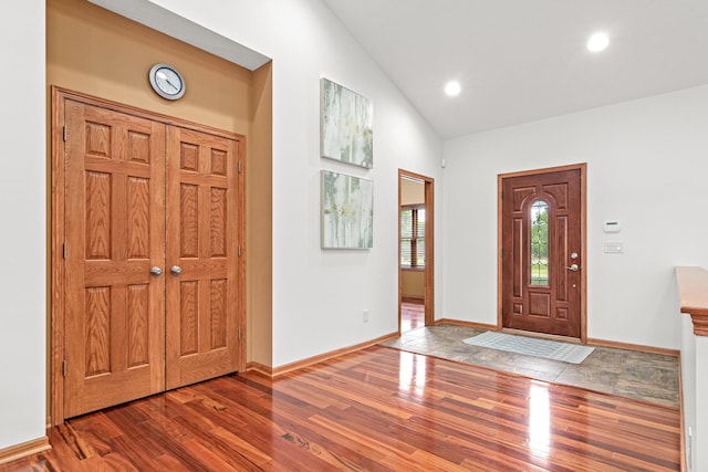 12605 314th St, Lindstrom, MN 55045 - foyer with wood finished floors, lofted ceiling, and recessed lighting