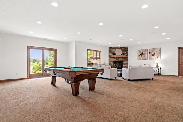 12605 314th St, Lindstrom, MN 55045 - recreation room with light colored carpet, recessed lighting, billiards, and a fireplace