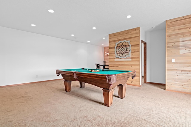 12605 314th St, Lindstrom, MN 55045 - playroom with recessed lighting, light colored carpet, wood walls, and billiards table