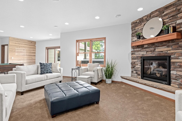 12605 314th St, Lindstrom, MN 55045 - carpeted living room featuring recessed lighting, a fireplace, and pool table