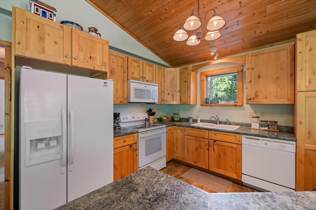 1063 Fernberg Rd, Fall Lake Twp, MN 55731 - kitchen featuring white appliances, wooden ceiling, lofted ceiling, dark countertops, and pendant lighting