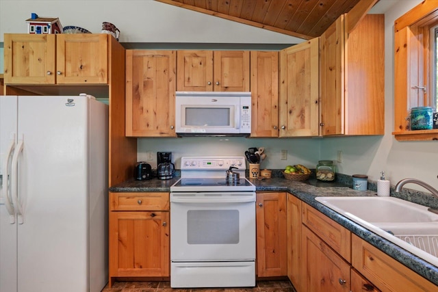 1063 Fernberg Rd, Fall Lake Twp, MN 55731 - kitchen featuring white appliances, wooden ceiling, lofted ceiling, and dark countertops