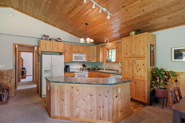 1063 Fernberg Rd, Fall Lake Twp, MN 55731 - kitchen featuring white appliances, track lighting, wood ceiling, dark countertops, and a center island